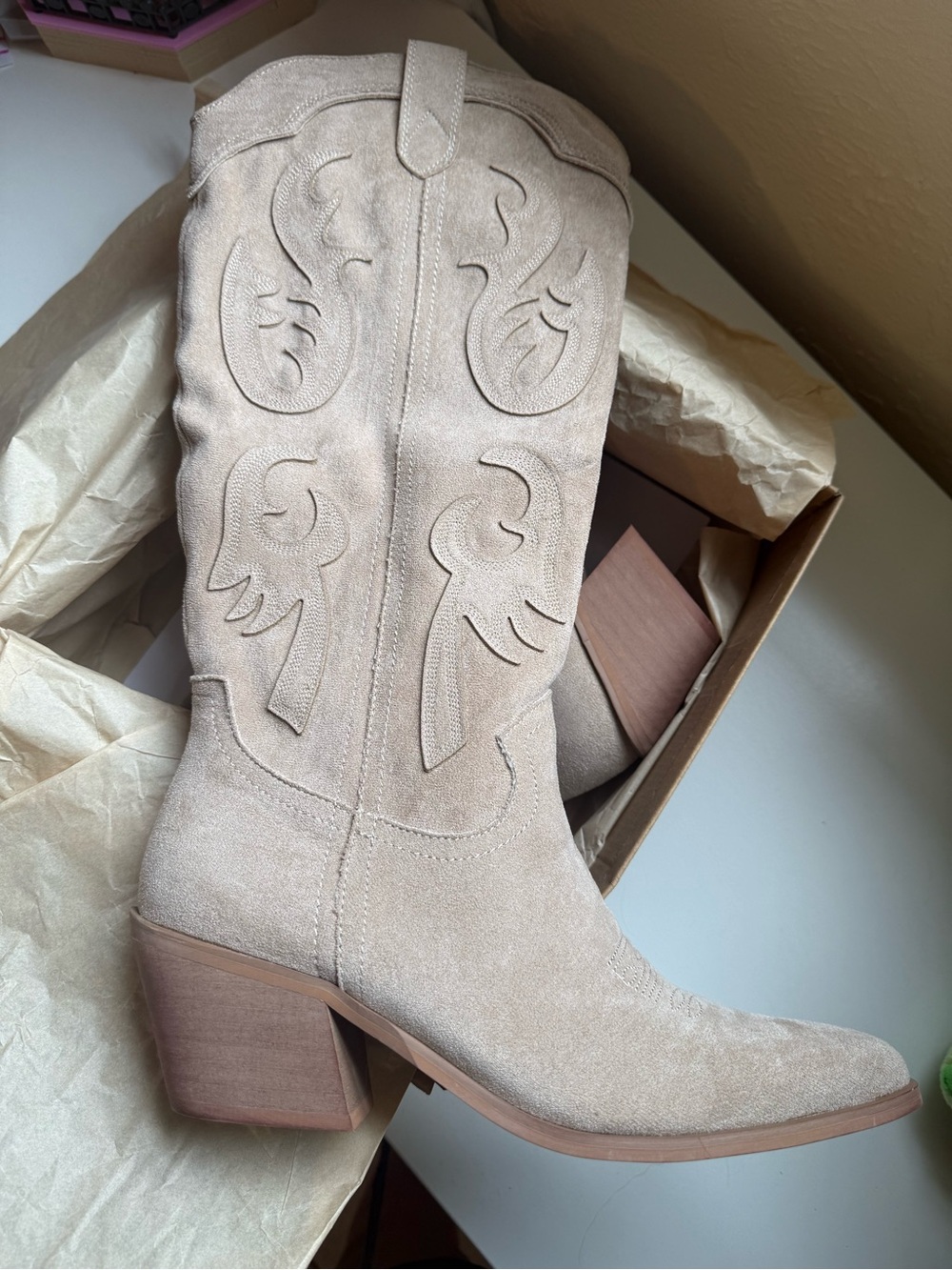 Mi.iM Beige Suede Western Knee-High Boot